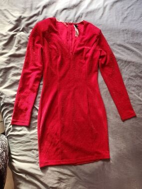 Red Long-Sleeve V-Neck Mini Dress